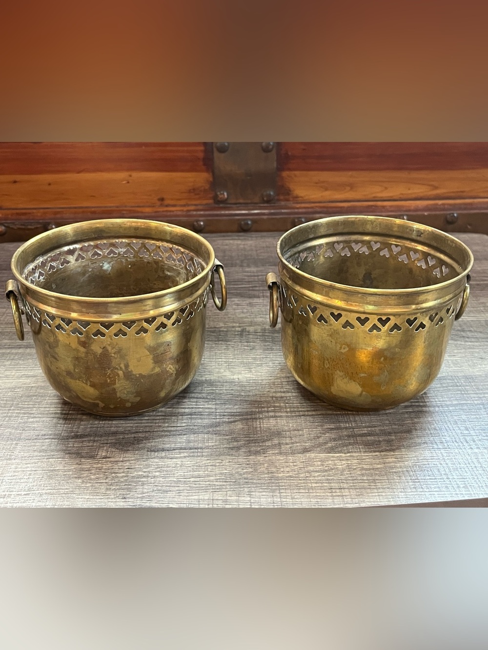 Brass Heart-Trim Planter Pair - Gold Finish